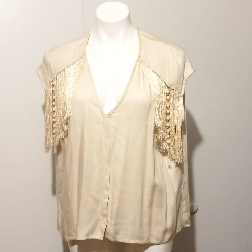 Cynthia Vincent cream fringe tassel knotted detail flowy lightweight boho top